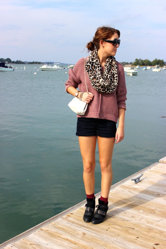 chunky sweater, high rise shorts, wedge sneakers with socks