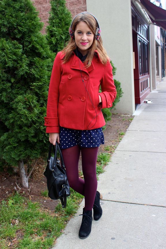 peacoat, outerwear, earmuff headphones, shorts with tights, blogger