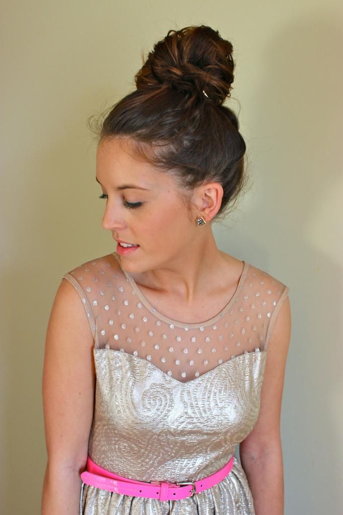 metallic dress, top knot, blogger