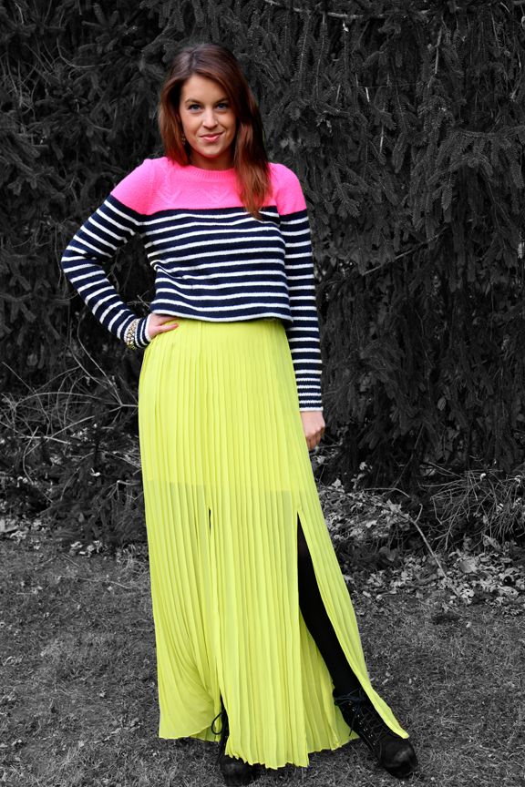maxi dress, neon, gap sweater, stripes, shirt with a dress