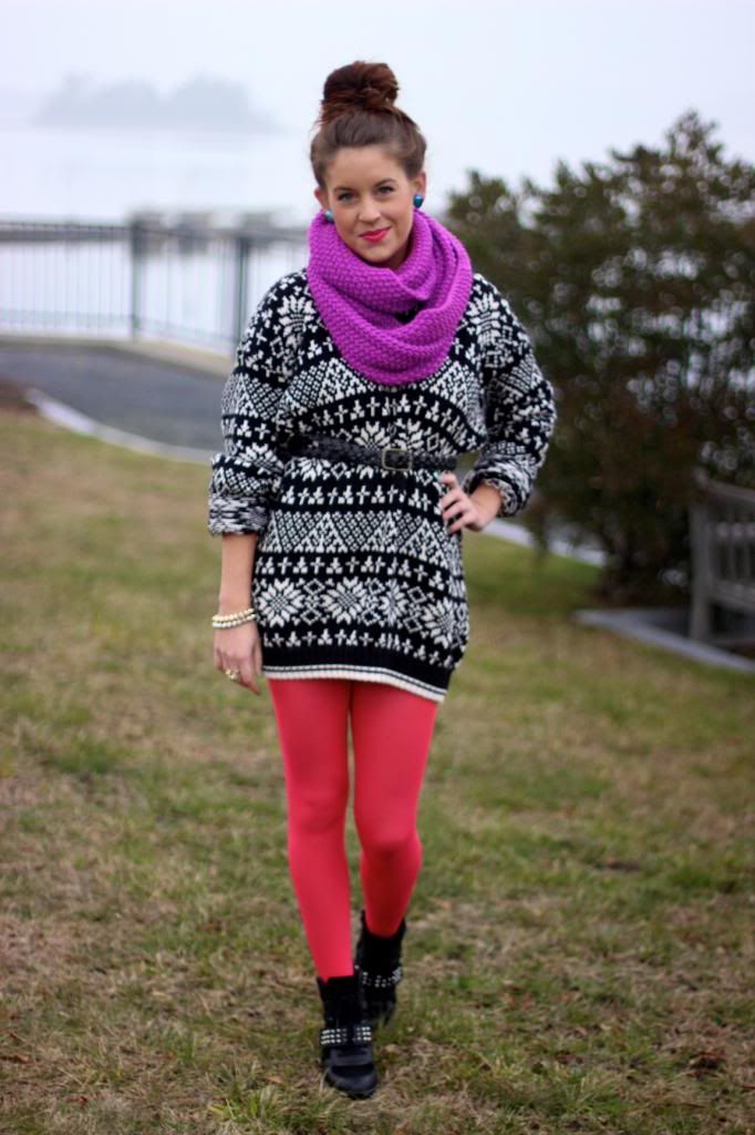 american eagle tights, goodwill, sweater, chunky scarf, revolt wedge sneakers