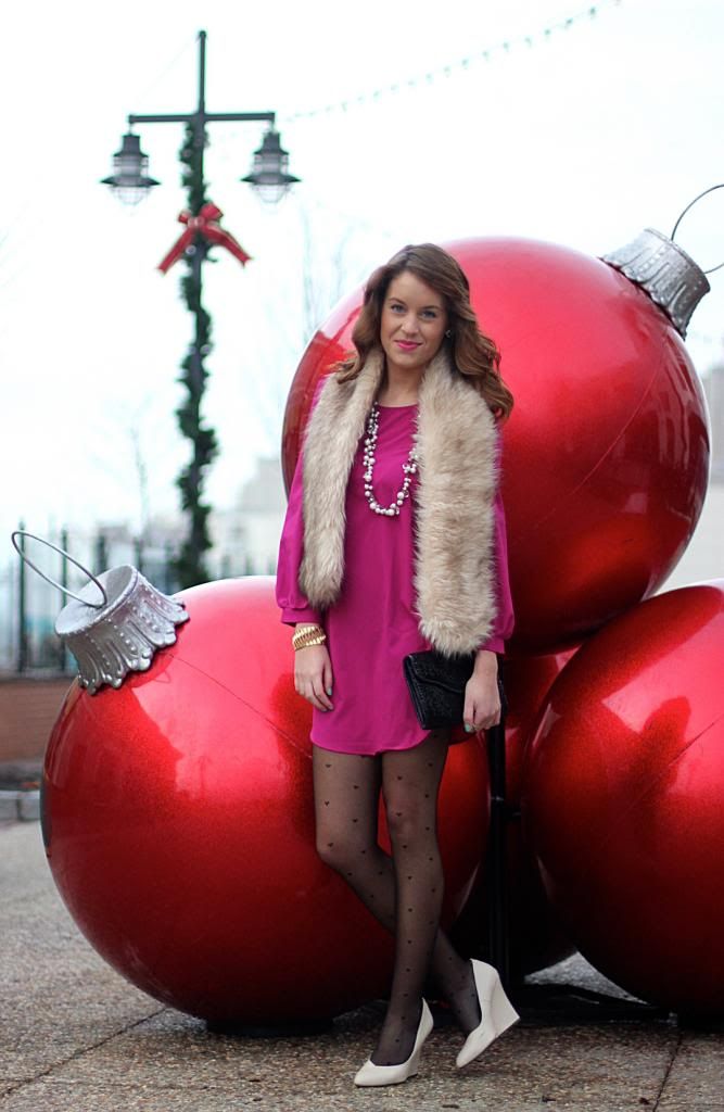 charlotte russe, shift dress, holiday dress, blogger, dress with tights, fur stoll, style tab