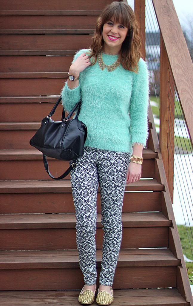 forever 21, printed pants, printed jeans, furry sweater, how to wear, outfit, blogger, style tab, studded loafers
