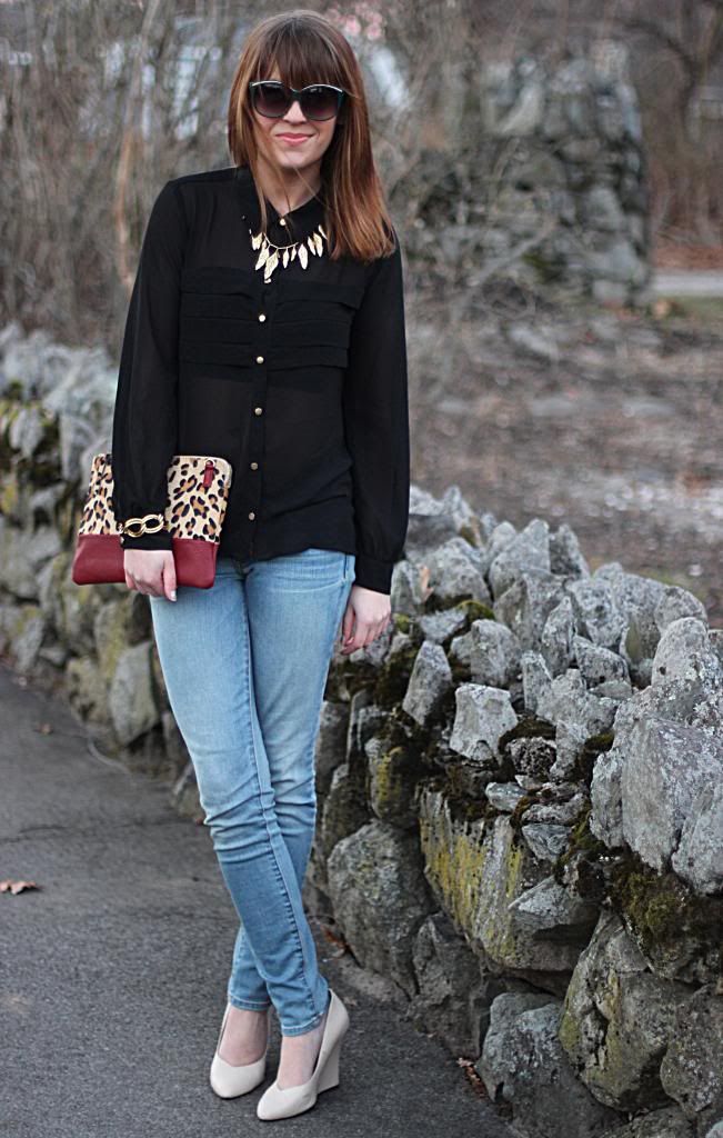 style tab, chloe and isabel sculpted feather necklace, fashion, dressed up denim, blogger,sheer blouse, leopard clutch,