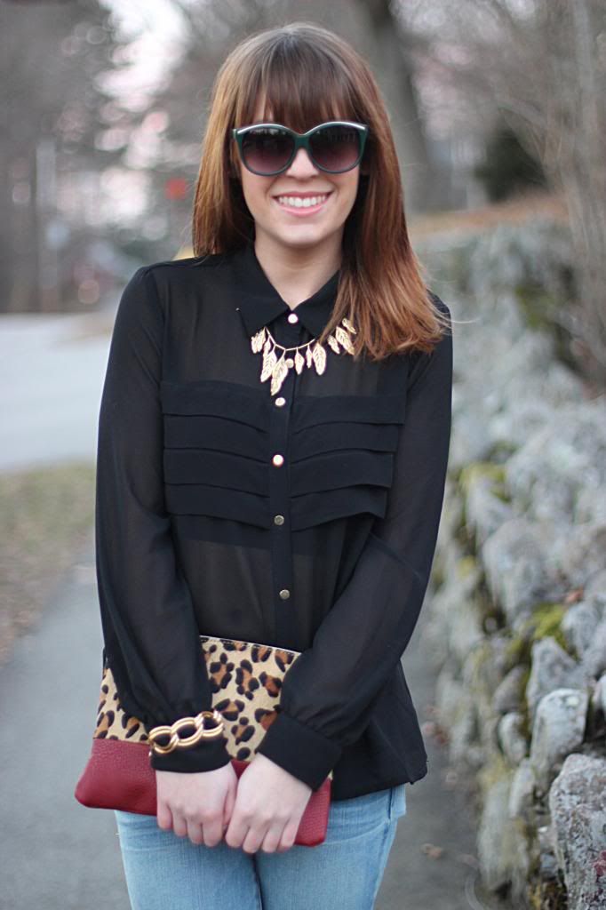 fashion, style tab, sheer blouse, ruffles, feather necklace, leopard clutch,