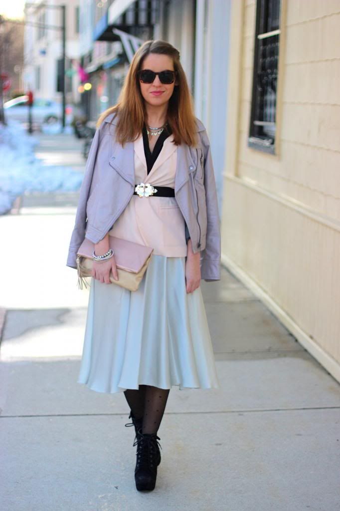 fashion, style tab, blogger, how to wear pastels, leather jacket, metallic skirt