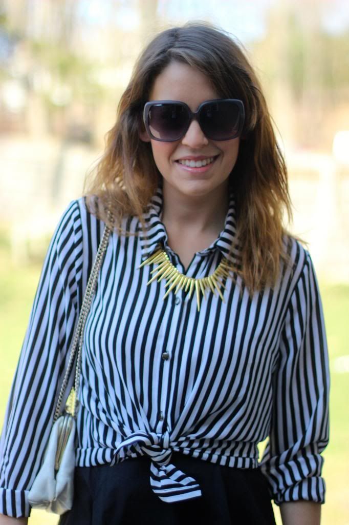 black and white stripes, fashion, spike necklace, oversized sunglasses, style tab,