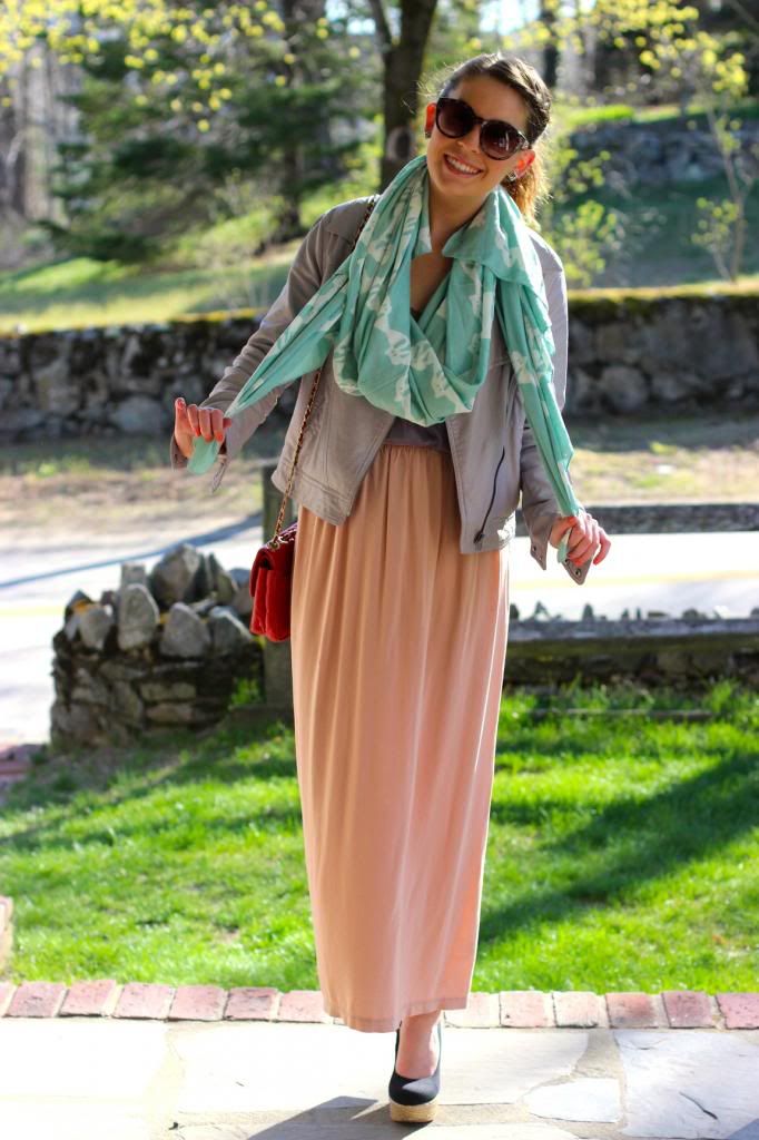 style tab, brianne faye scarves, how to wear a maxi skirt, leather jacket, spring, outfit, pastels, fashion
