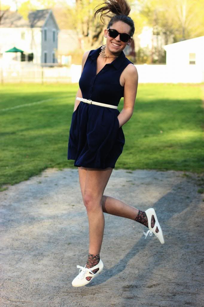 style tab, fashion, navy dress, cut-out sneakers, floral socks, sneakers with socks, action shot, boston blogger