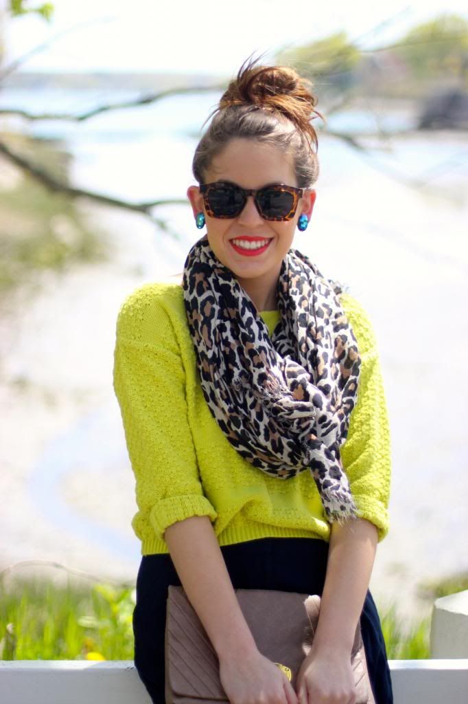 style tab, neon, sperry topsider, fashion,sweater with shorts, spring, casual outfit, leopard print scarf, boston, blogger