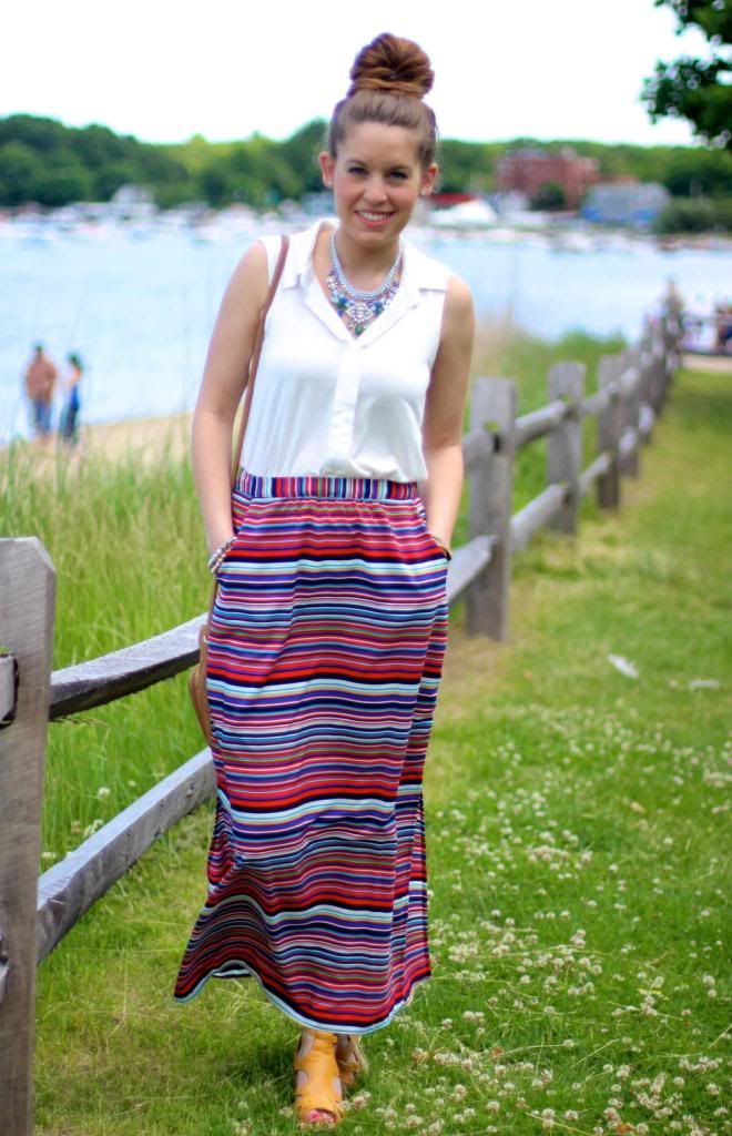 striped maxi skirt, summer outfit, how to wear, style tab, chloe and isabel, marshalls,