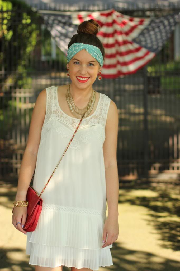 style tab, fashion blogger, boston blogger, 4th of july outfit, turban headband, what to wear, how to wear, chloe and isabel earrings, red, white and blue