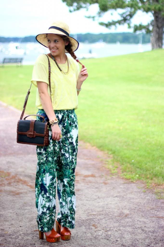 style tab, fashion blogger, boston blogger, vacation outfit, how to wear, pants in the summer, straw hat, palm tree pants, chloe and isabel,