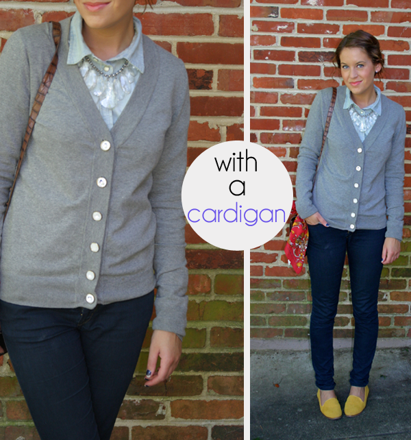 chambray shirt, cardigan, how to wear