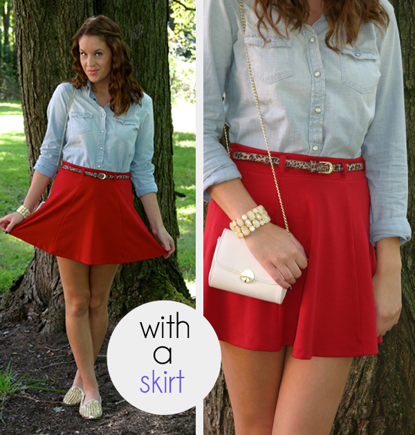 chambray shirt, skirt, ways to wear