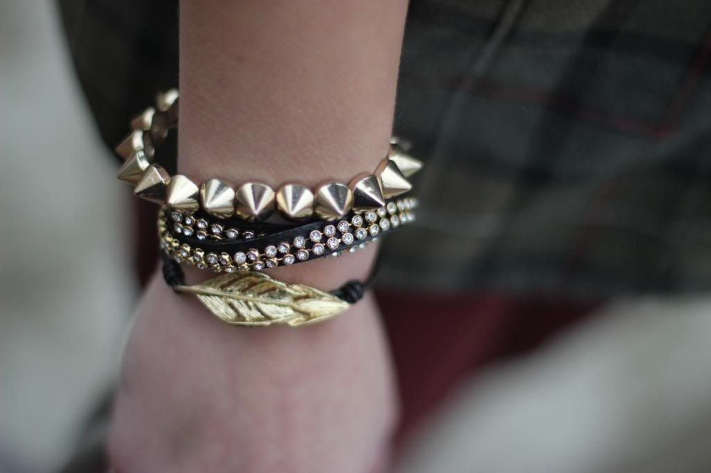 arm party, spike bracelet, chloe + isabel, feather wrap bracelet, crystal studded leather wrap bracelet, accessories, style tab,