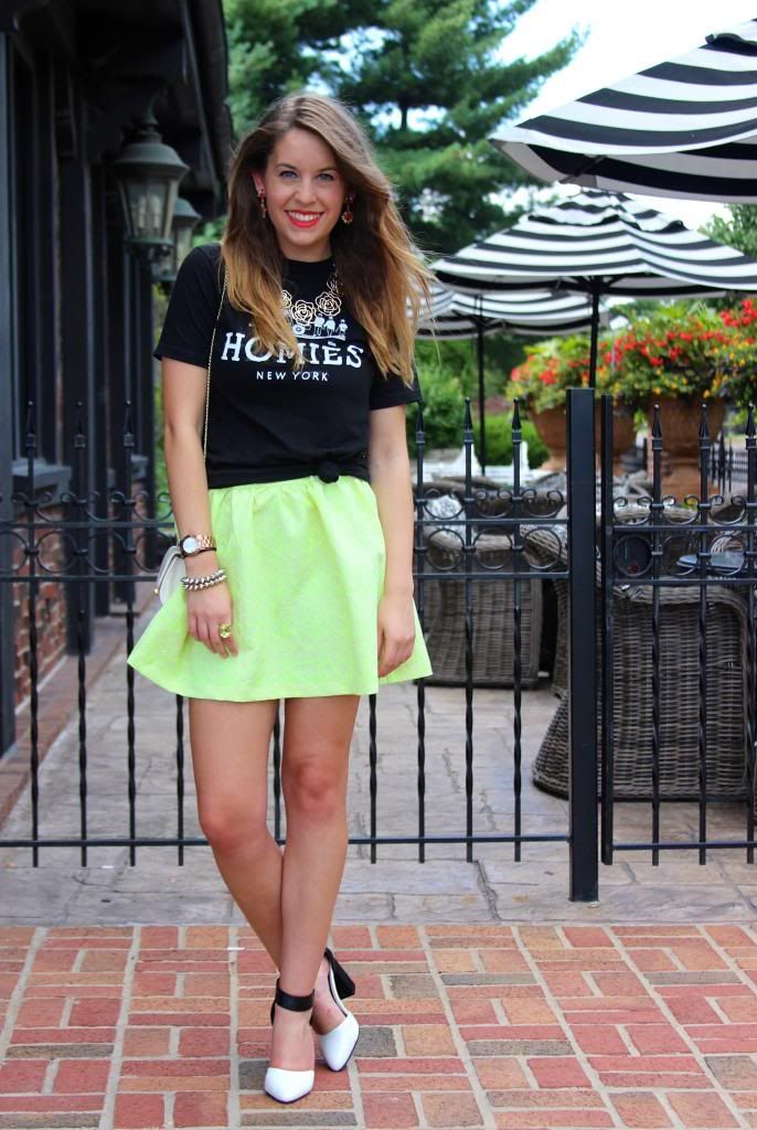 style tab, fashion blogger, boston blogger, stlfw, st. louis fashion week, homies t-shirt, homies new york, neon skirt