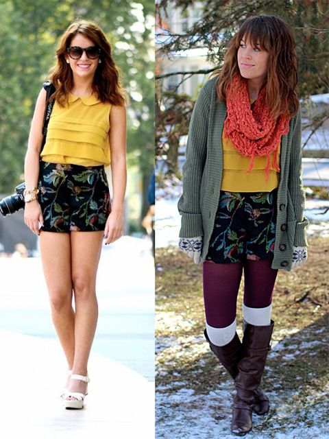 ways to wear summer clothes in the winter, style tab, style advice, how to wear, summer clothes in the winter, shorts with tights, layering