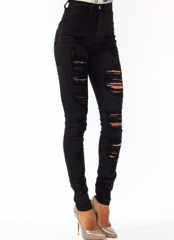Classic Black High Waist Distressed Rips Skinny 80s Trends Jeans Pants ...