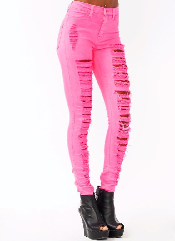 Colored NEON High Waist Distressted Rips Skinny 80s Trends Jeans Pants ...